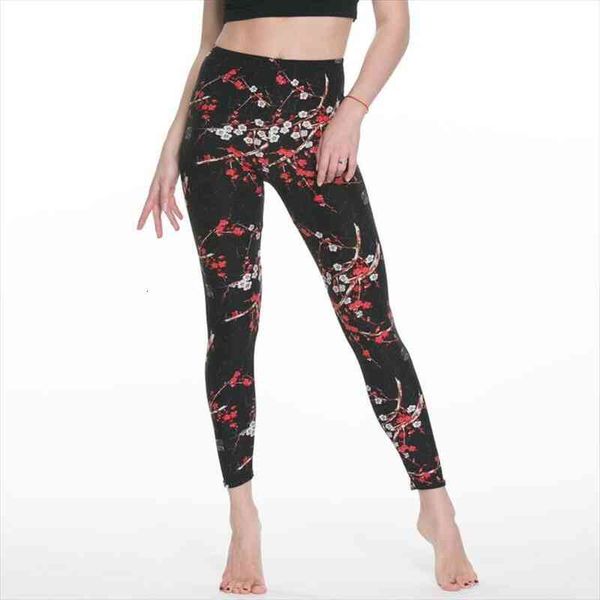 

Women Rose Flower Printed Leggings Fashion Slim High Elastic Cotton Pants Multiple Colorstrousers In, Black