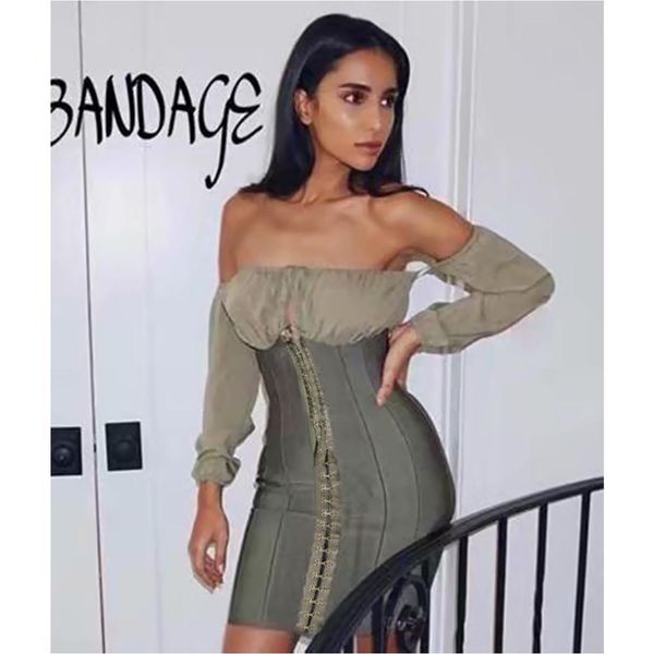 

2020 chiffon dark green rayon bandage patchwork mini women long button outside the shoulder dressed up tie party uv5y, Black;gray