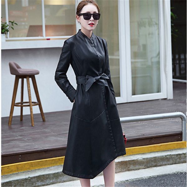 

2021 new trench women's clothing plus size fake lambskin ladies'leather long coats wxf100 628r, Black