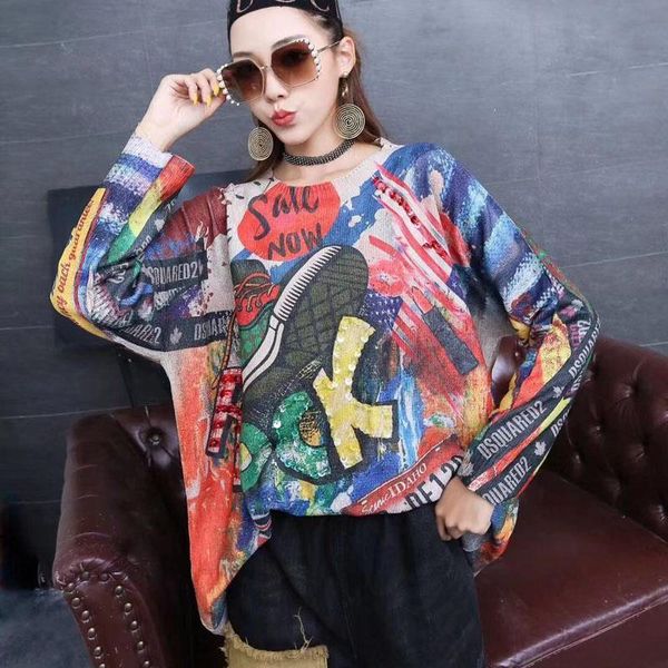 

tide letter print sequin sweater o neck long sleeve fashion loose casual plus size women 2021 autumn new korea, White;black