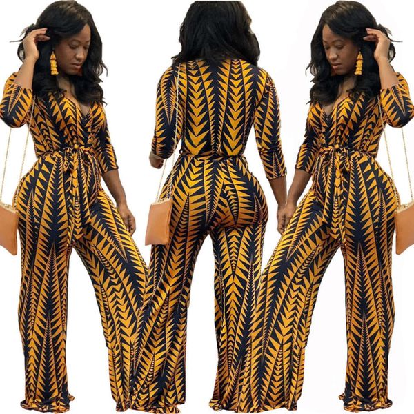 

v-neck g5039 fashion geometric women's printed jumpsuit with belt, Black;gray