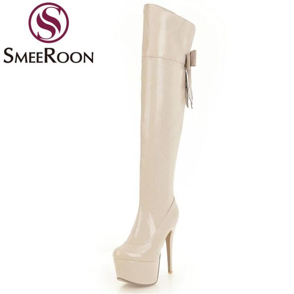 

smeeroon winter boots style crystal butterfly knot round toe platform boots rhinestone over the knee women's shoes, Black