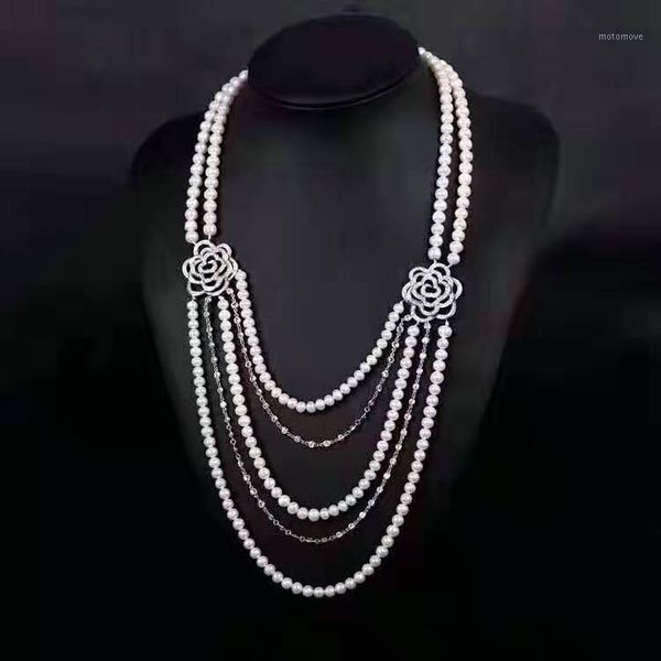 

chains handmade 5strands white freshwater cultured pearl micro inlay zircon rose accessories sweater necklace long 45-52 cm1, Silver