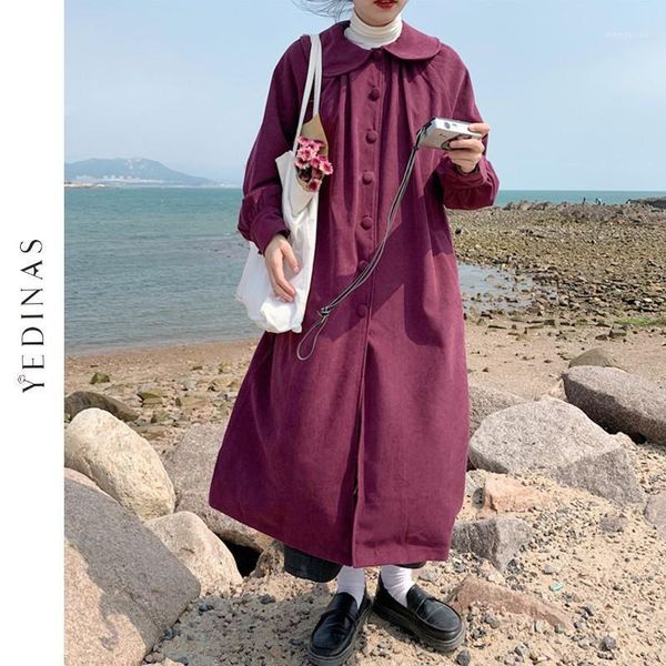 

yedinas korean style winter long trench coats for women plus size ladies loose coat sweet outerwear vintage oversize windbreaker1, Black