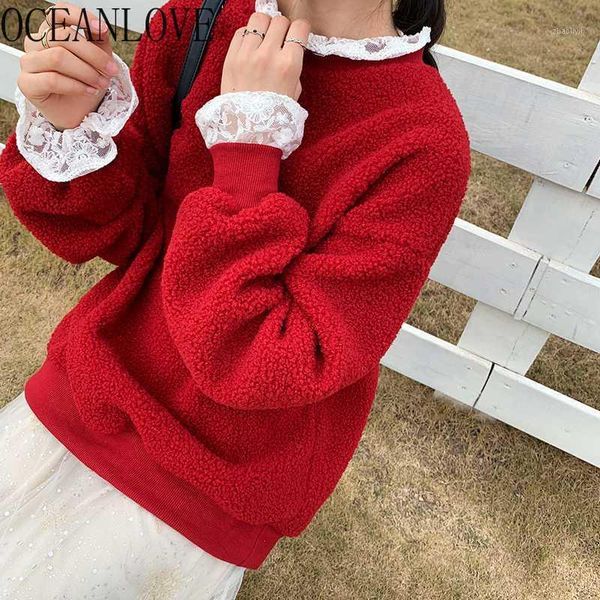 

oceanlove red hoodies women autumn winter warm fake 2 pcs hoodie lace patchwork sweet 2020 lamb wool sweatshirt pullovers 180681, Black