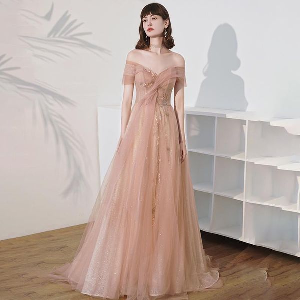 

evening dress boat neck off the shoulder a-line floor-length elegant appliques bling tulle lace up woman formal party gown a490, White;black