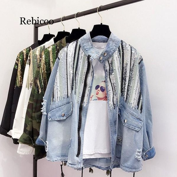 

boho camouflage jacket women sequins shinny lace up denim coat bomber long sleeve coatsx1016, Black;brown