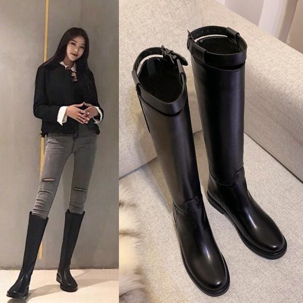 

knight boots women boots 2020 new style leather thick heel medium high heels but knee, Black