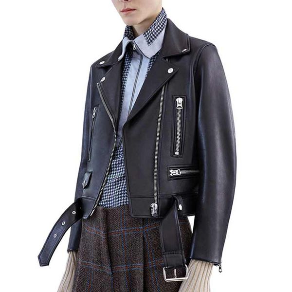 

2021 new autumn female black of false women's leather basic turn-down collar jacket with belt u1mc