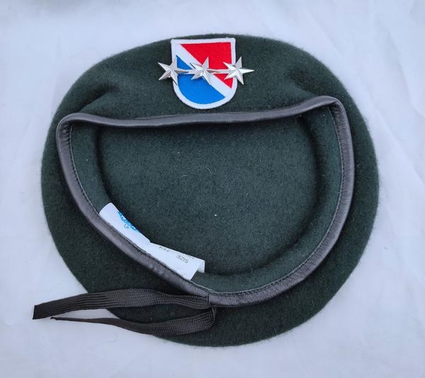 

berets united states us army 11th special forces group wool green beret & officer 3 star lieutenant general rank insignia hat, Blue;gray