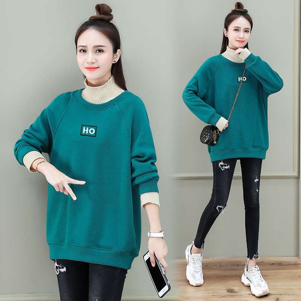 

sweater loose korean version plush thickened high collar warm foreign style fake two piece women's new winter 2020, Black