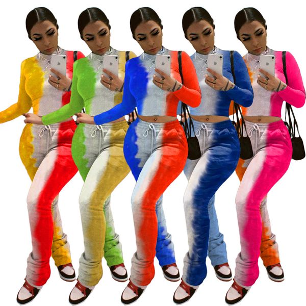 

womens designer tie dye 2pcs set long sleeve crew neck print stacked pants casual set fashion female clothing, Gray