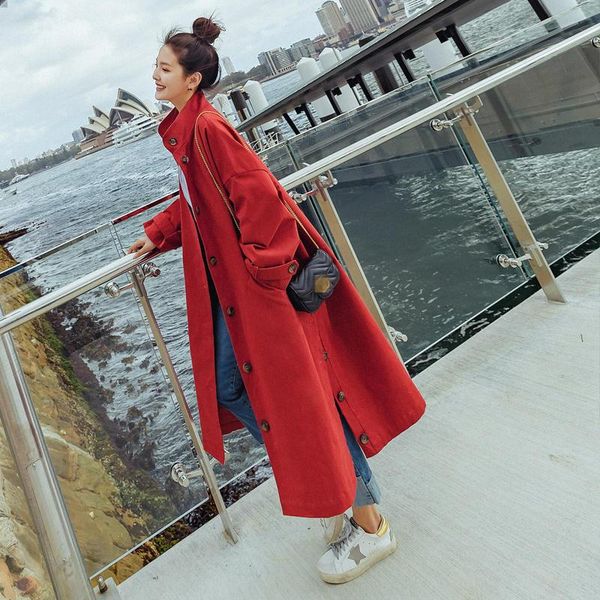 

2021 fashion spring autumn long trench coats women khaki red windbreak single breasted streetwear loose trench coat plus size, Tan;black