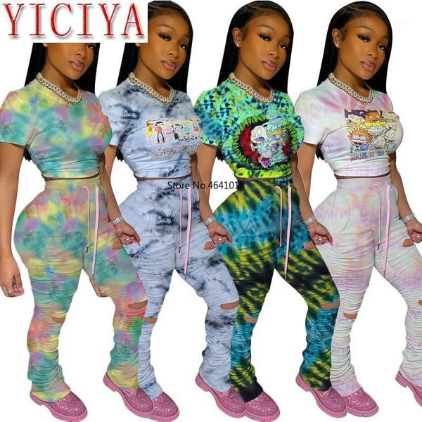 

stacked sweatpants two 2 piece set cartoon printed casual women t shirt 2020 summer high waist stacked long pants sportswear1, Gray