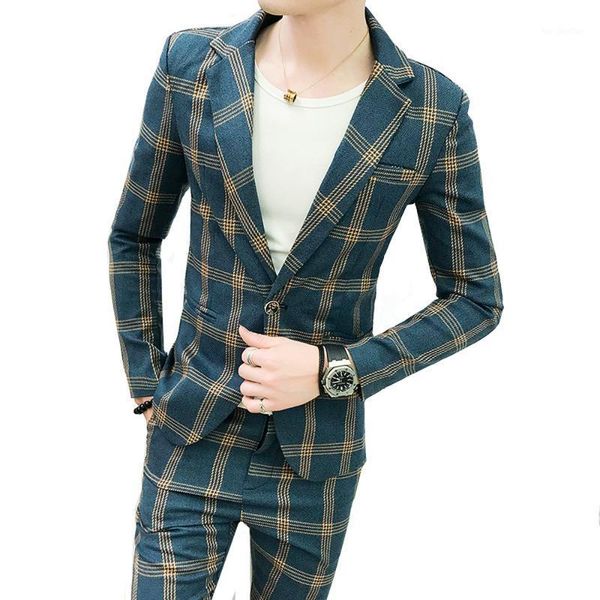 

men's suits & blazers mens formal plaid vintage with pants 2 piece set british male tuxedos slim fit business casual wedding groom1, White;black