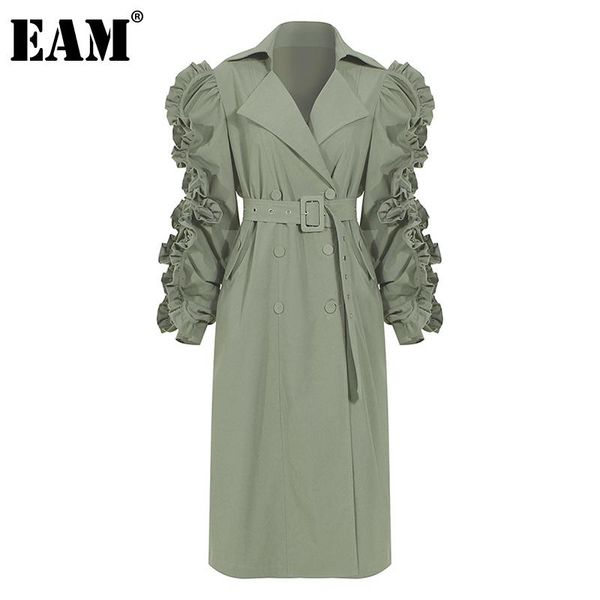 

women's trench coats [eam] women green ruffles stitch long lapel sleeve loose fit windbreaker fashion tide spring autumn 2021 1dc061, Tan;black