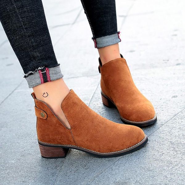 

women's ankle booties fashion winter low heels med flock punk pointed toe belt split boots bota feminina slip on ankle shoes, Black