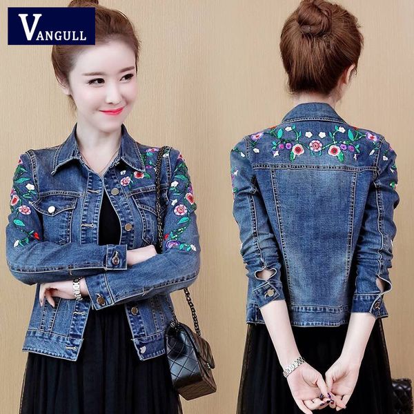 Vangull Plus Size 5XL Floral Women Denim Coat Ricamo Short Basic Ladies Jean Jacket Slim Flower Outwear Giacche Nuovo LJ200813