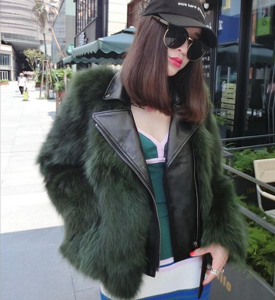 

2020 new imported fur women's coat short paragraph fake two piece stitching leather slim warm ladies luxurious outwear, Black