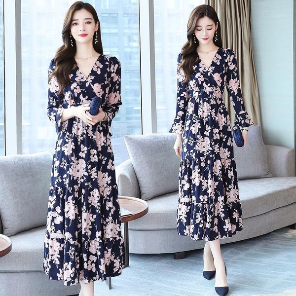 

autumn casual female floral chiffon beach maxi dress 2020 vintage plus size long sleeve midi dresses elegant women party vestido1, Black;gray
