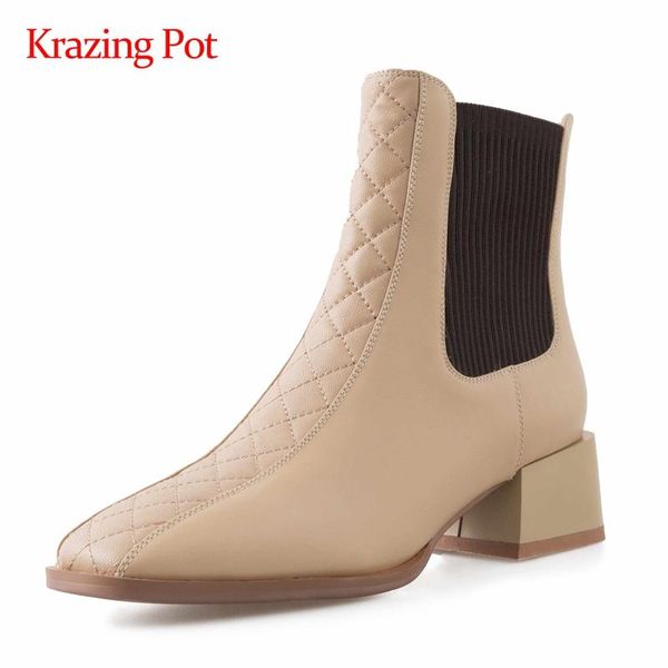 

krazing pot knitting boots natural leather gingham patchwork square toe thick high heels slip on elegant lady ankle boots l8f3, Black