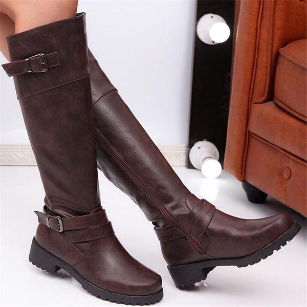 

size 35-43 women knee high buckle long boots female autumn winter soft leather fashion square heel knight boots black brown