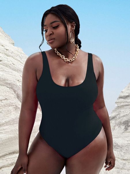 

plus solid one piece swimsuit r4kp#, Black