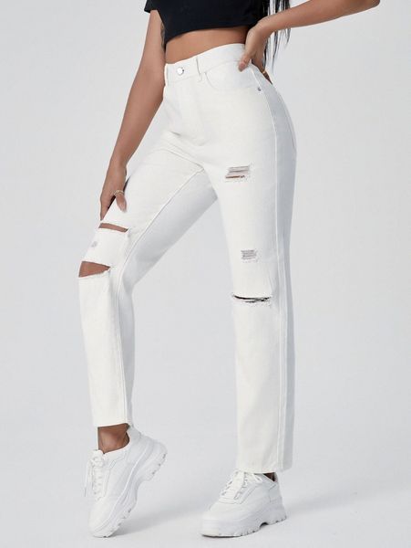 

high waist ripped frayed straight leg jeans e6xo#, Blue