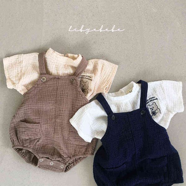 

baby boy girl summer solid cotton korean short 2021 romper bear cartoon t shirt children clothing set overalls and overalls g220223, Blue