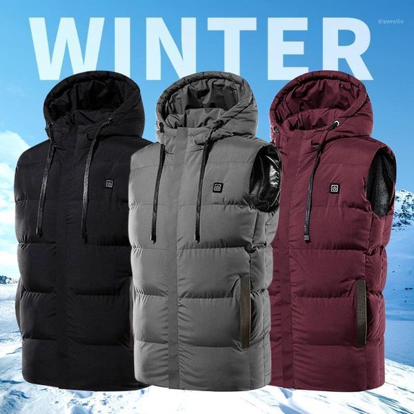 

outdoor t-shirts heated vest hiking 7 heating pads electric warm hooded zipper winter washable usb port with pockets camping1, Gray;blue