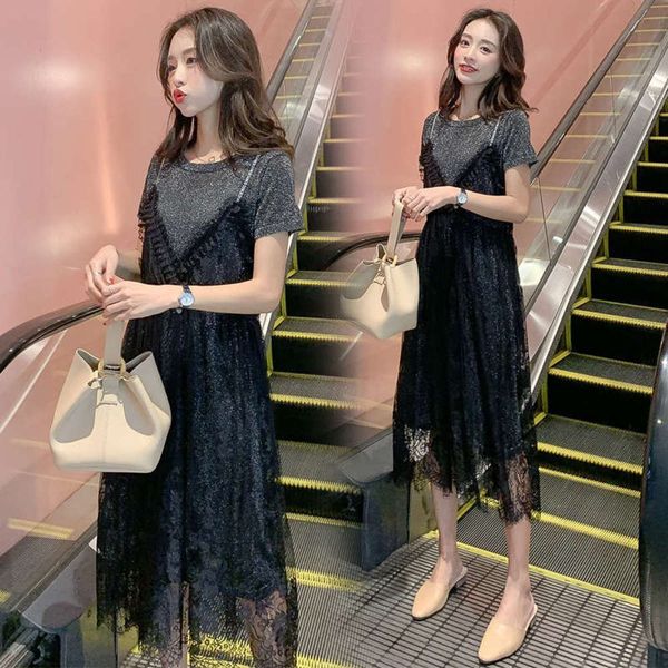

fat summer large mm loose women's and thin, breathable fashion lace + dress 2-piece set, Black;gray