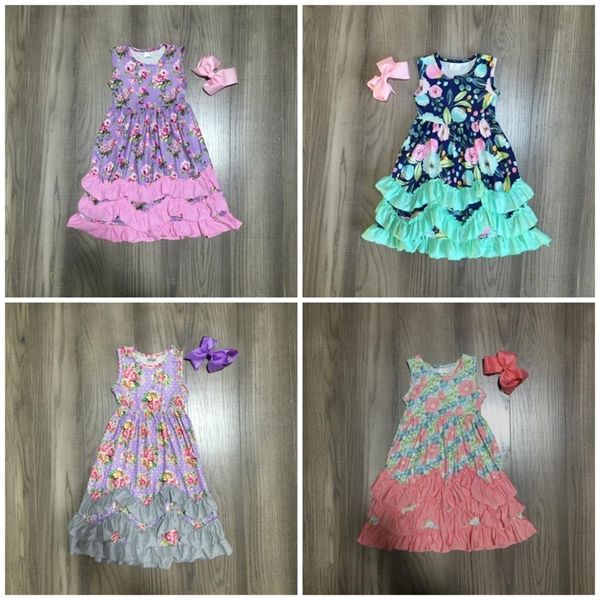 

new summer baby girls cotton maxi dress milk silk pink lavender floral ruffles sleeveless children clothes match accessory bow y200325, White