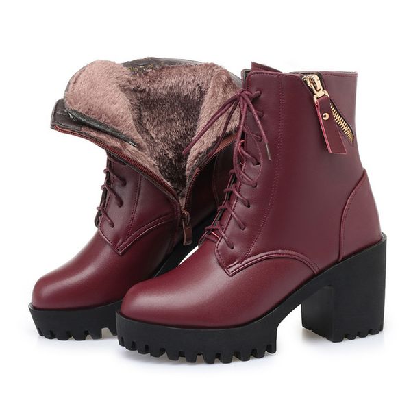 

fashion 2021 new genuine leather snowboots women's high heels anti-slip warm wool winter military boot size 35-42 wkl4, Black