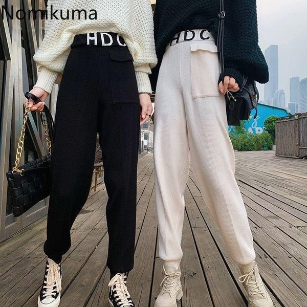 

nomikuma knitted harem pants korean letters high waist long trousers 2020 autumn winter new pocket sweater pants feminimo 6c867, Black;white