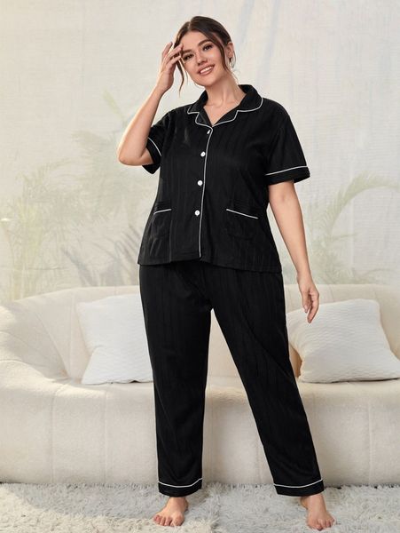 

plus contrast piping & pants pj set a7sr#, Black;white