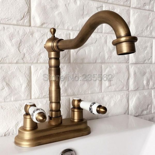 

bathroom sink faucets deck mounted kitchen faucet wash basin water tap antique brass double handle/hole mixer lan0671