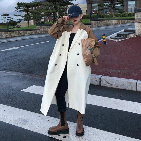 

2021 autumn female korean fashion long-sleeved turn down collar double breasted loose mid long windbreaker overcoat c6411, Tan;black