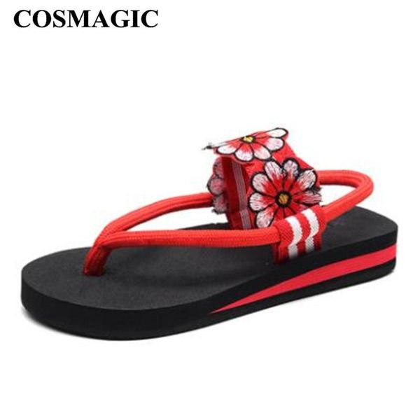 

cosmagic fashion flower t-strap sandals 2020 new women summer slip on low heel beach bohemia style sandals shoe, Black