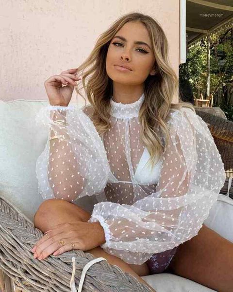 

women pullover puff sleeve shirts long blouse casual mesh sheer party1 wfmbd