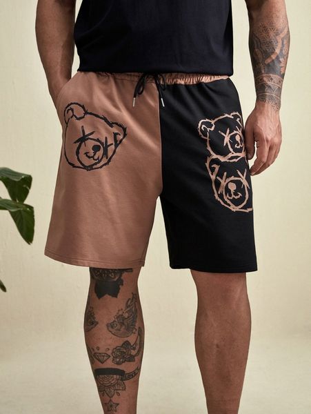 

extended sizes men bear print drawstring waist two tone shorts w753#, Black