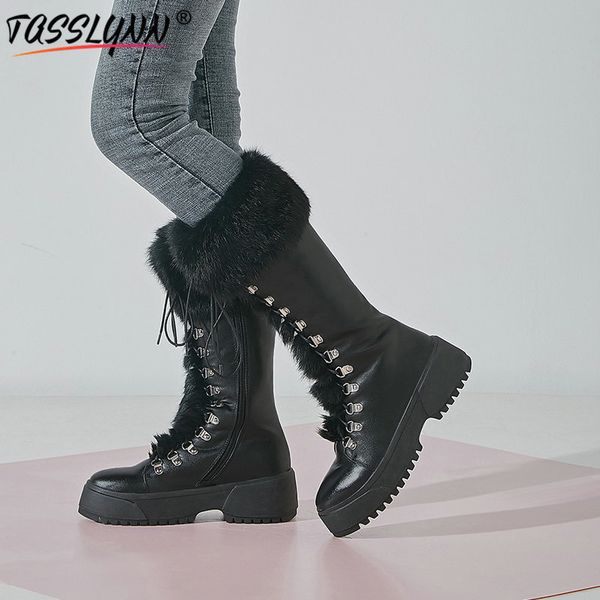 

tasslynn 2020 high heel plush snow boots cow leather platform women shoes warm winter motorcycle boots for women mid-calf, Black