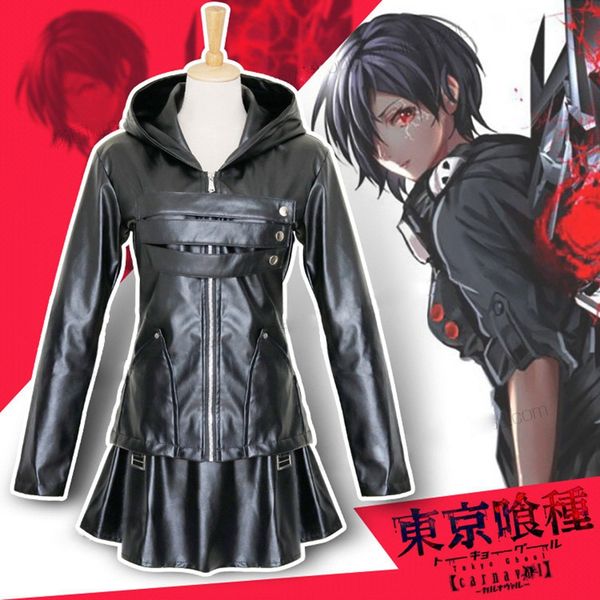 

anime costumes anime tokyo ghoul touka kirishima cosplay costume full set uniform pu leather black hoodie women halloween jacket + skirt +so