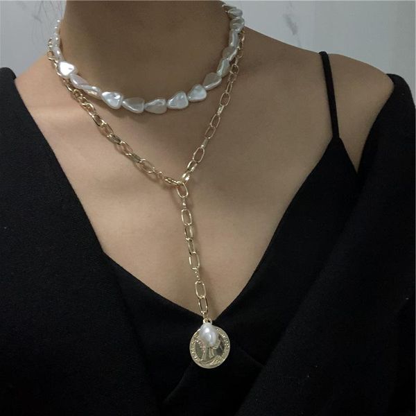 

pendant necklaces kmvexo baroque geometric heart pearls necklace jewelry for women 2021 long gold thick chains portrait egirls, Silver