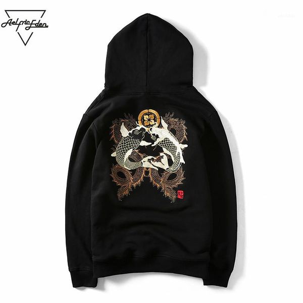 

aelfric eden autumn man hoodies sweatshirts fish and dragon embroidery chinese style casual thin long sleeve streetwear dr0041, Black