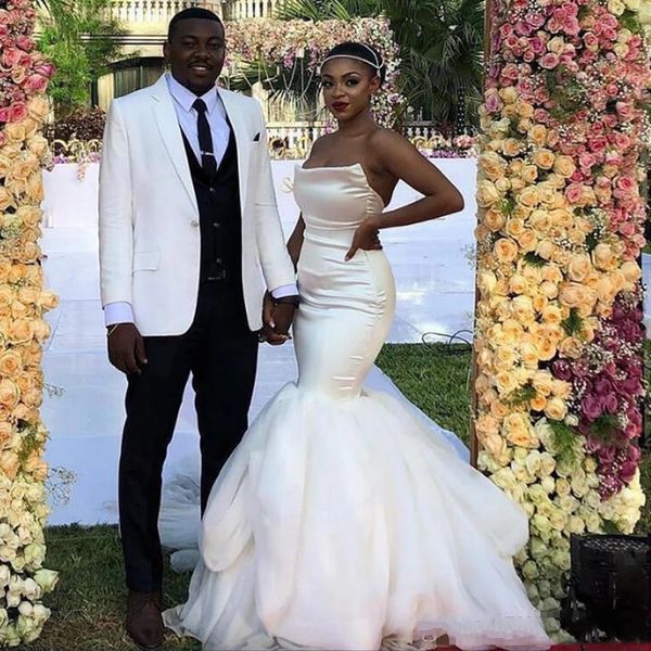 

сексуальные без бретелек без рукавов русалка свадебные платья плюс размер африканских арабских свадебных платвей 2021 новых сатиновых свадеб, White