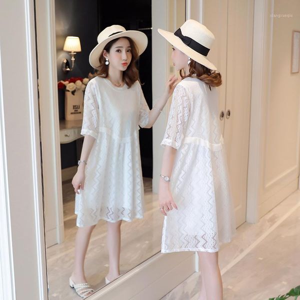

3093# maternity clothes summer short sleeve easy matching lace patchwork stylish dress for pregnant women mom dress1, White