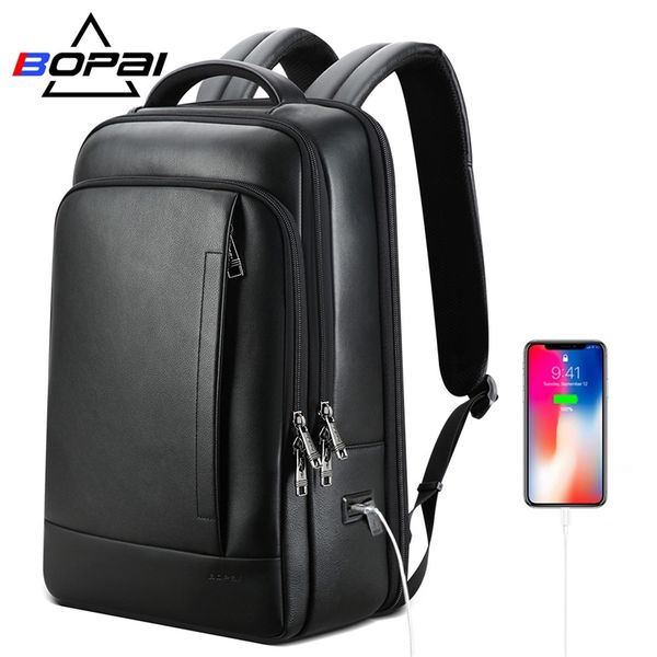 BOPAI Genuine couro mochila laptop mens business casual waterproof pack de costas masculino bagpack preto backpacking 220210