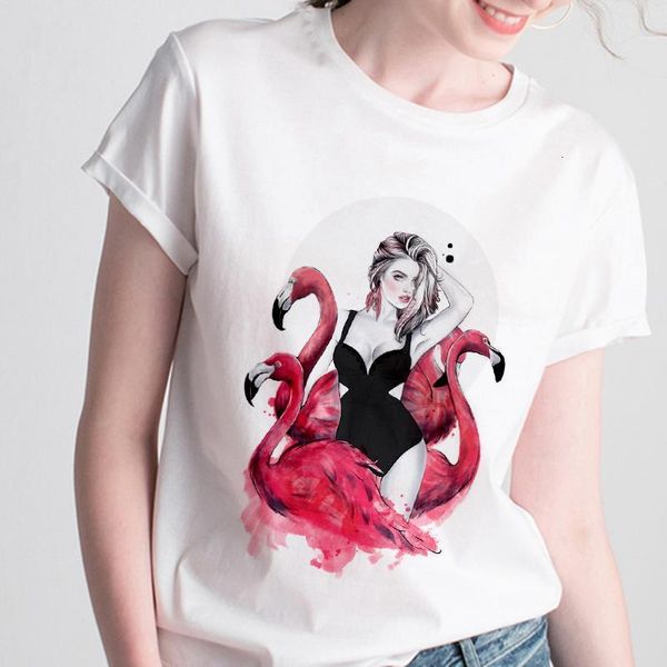 

2021 new flamingo beauty printed t shirt women aesthetics short sleeve t-shirt white hipster tshirt female clothes tee