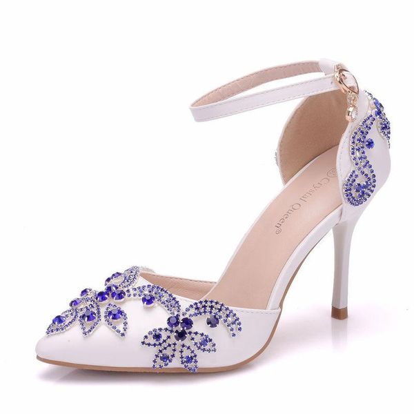 

summer women pumps fashion classic buckle strap rhinestone hollow pointed toe thin heels 9cm wedding women dress shoes, Black