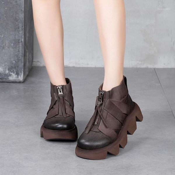 

boots swonco genuine leather women platform casual shoes front zipper 2021 autumn short for black sneaker1